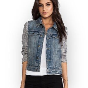 Free People Distressed Jean Jacket Hooded Fabric Sleeves Grunge Layering Size M